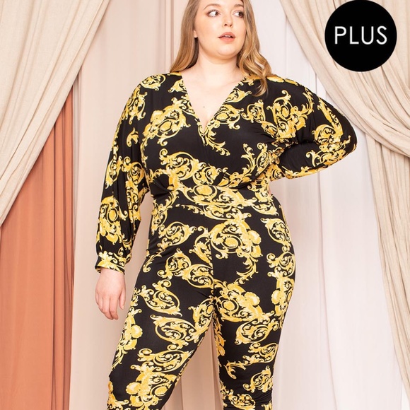 Symphony Pants - Gold Baroque Leaf Print Jumpsuit Dolman Sleeve